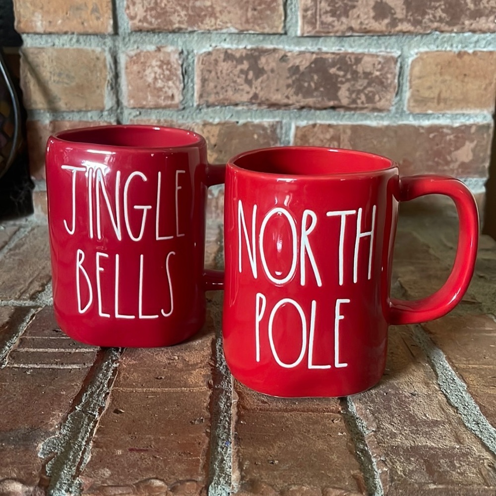 Rae Dunn Red JINGLE BELLS & NORTH POLE Ceramic Mugs Set of 2